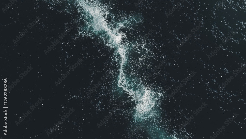 Poster the scene is set against a background with glowing light blue and green lines, amidst flowing partic