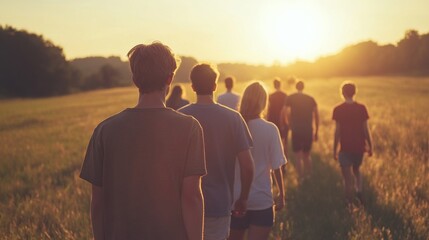Friends walk sunset field; summer fun, nature