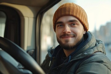 Delivery and shipping concept. Positive man courier driving van and smiling at camera, Generative AI