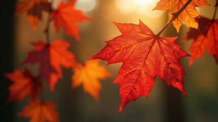 Obraz premium Autumnal Glow A Single Maple Leaf Illuminated by Warm Sunlight Among a Cluster of Vibrant Fall Foliage