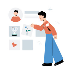 Young Man Interacting With Online Profile, Flat Vector Illustration Symbolizing Digital Identity, Social Media Presence, And Online Networking, Isolated On White Background