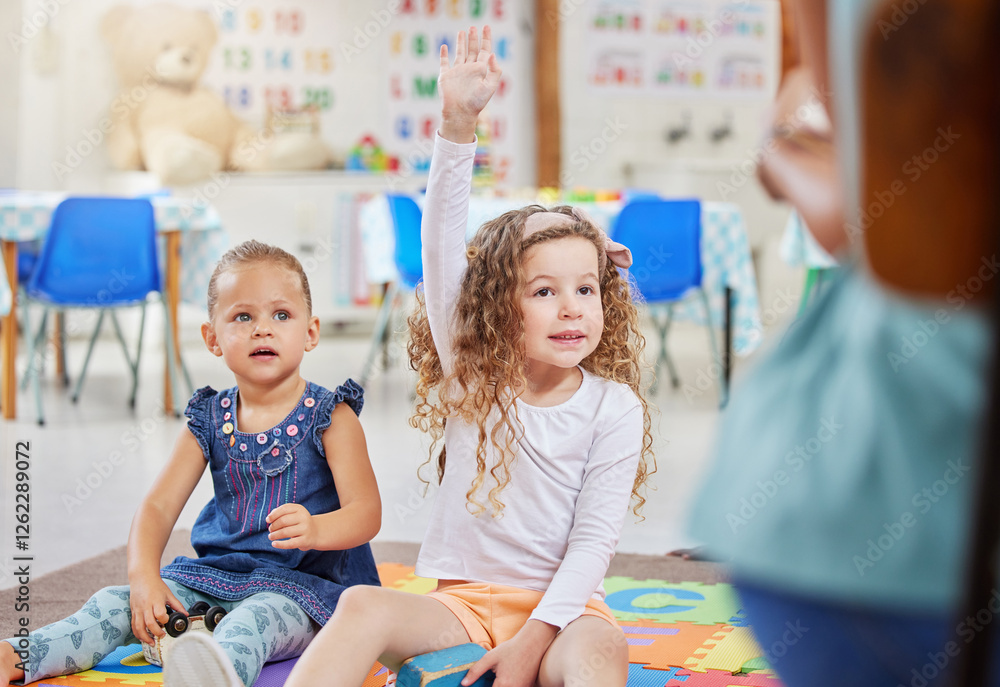 Poster girl, child and question with hands raised in classroom for lesson interaction, reading answer and l