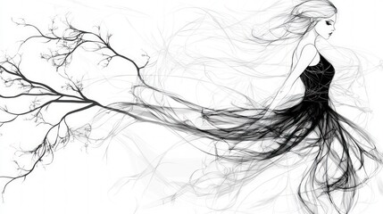 Elegant Woman in Flowing Dress  Abstract Art  Black and White  Line Art  Fashion Illustrat