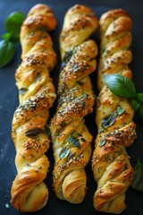 Fresh pizza bread sticks on dark surface. Bread sticks with fresh oregano, pepper, cheese and herbs.