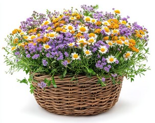 A wicker basket adorned with vibrant wildflowers against a serene white background