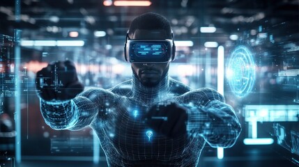 Fototapeta premium Futuristic Vr User Engaging In Virtual Reality World