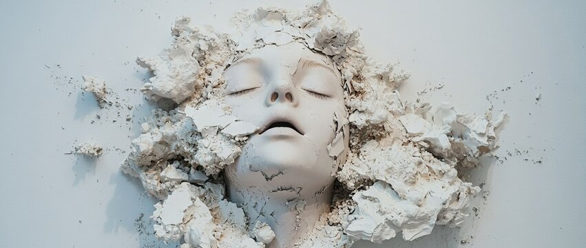 A face emerging from a textured background is depicted in an artistic representation