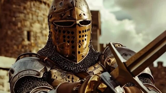 Fantastic beautiful royal knight in iron armor guards castle chambers, abstract vivid composition consists of fictional unreal fantastic vision on background