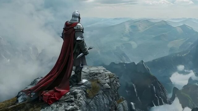 Fantastic beautiful royal knight in iron armor guards castle chambers, abstract vivid composition consists of fictional unreal fantastic vision on background