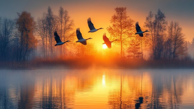 Geese flying over lake at sunrise, misty autumn landscape, nature scene - Powered by Adobe