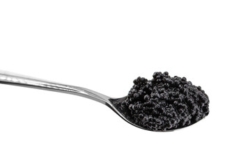Heap of black caviar in silver spoon isolated on a white background