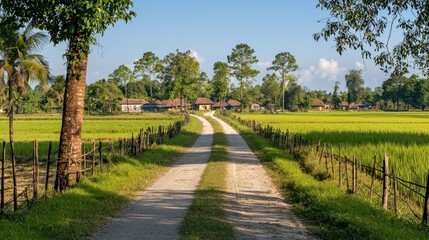 Rural village path through rice paddies on a sunny day