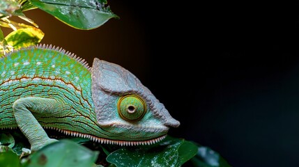 Vibrant Green Chameleon in Lush Tropical Foliage