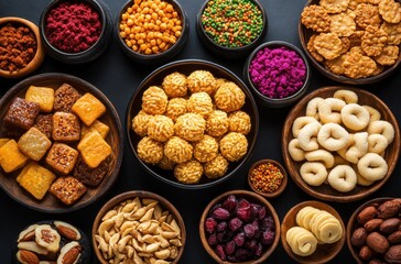 Colorful Assortment of Traditional Snacks and Sweets Arranged in Bowls on a Dark Background Celebrating Variety and Culinary Delight