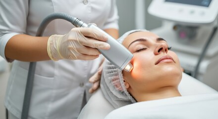 Woman receiving facial treatment with a modern device for skincare