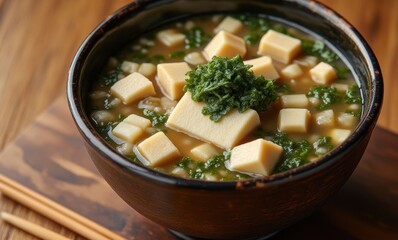 Delicious miso soup with tofu and greens