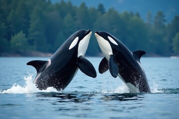 Two orcas breach simultaneously, Canadian waters , Canada wildlife, ocean