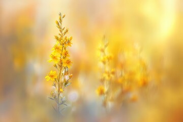Solidago: Macro Art View of Yellow Goldenrod Wildflowers Blooming in North American Prairie