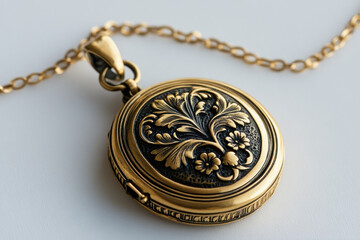 A vintage gold locket with intricate floral engravings on a delicate chain, set against a soft white background.