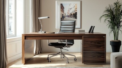 Modern Home Office Interior Design with Walnut Desk and Leather Chair