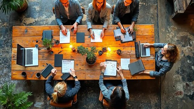 Top-Down View of a Meeting: An overhead shot captures a collaborative business meeting around a rustic wooden table, with professionals working on documents and utilizing technology