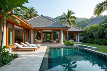 Minimalist tropical villa with pool and garden, embodying serene simplicity and harmony.