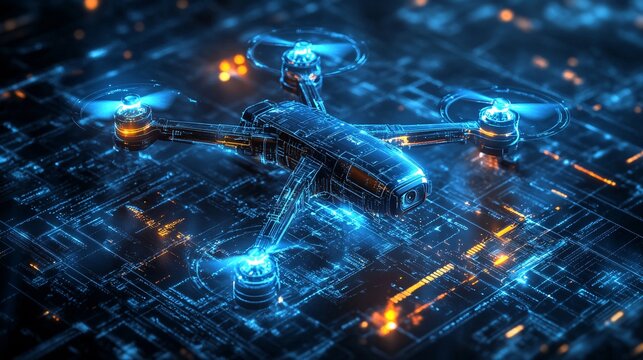 A futuristic blue digital hologram of a drone with a camera, showcasing AI-powered aerial surveillance, autonomous navigation, and remote sensing tech.