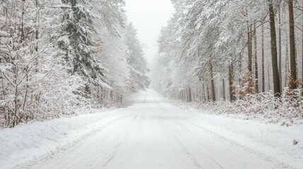 Obraz premium Snowy Road Through a Winter Wonderland Forest