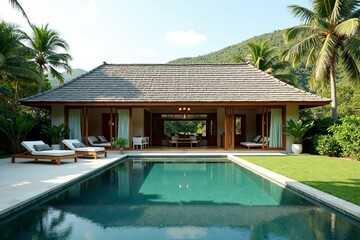 Fototapeta premium Minimalist tropical villa with pool and garden, embodying serene simplicity and harmony.
