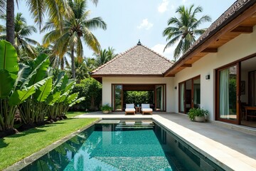 Fototapeta premium Minimalist tropical villa with pool and garden, embodying serene simplicity and harmony.