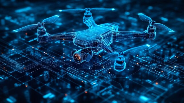 A futuristic blue digital hologram of a drone with a camera, showcasing AI-powered aerial surveillance, autonomous navigation, and remote sensing tech.