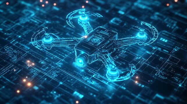 A futuristic blue digital hologram of a drone with a camera, showcasing AI-powered aerial surveillance, autonomous navigation, and remote sensing tech.
