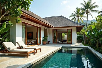 Minimalist tropical villa with pool and garden, embodying serene simplicity and harmony.