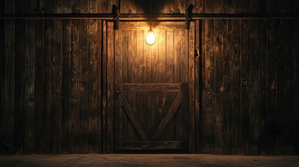 Wooden Barn Door Illuminated by Hanging Light Bulb