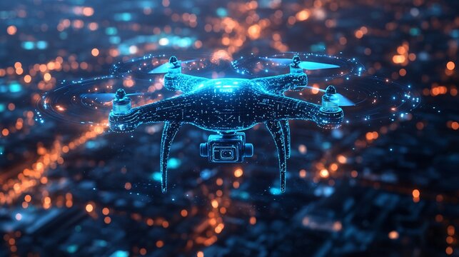 Glowing blue digital hologram of an AI drone in flight, emphasizing autonomous navigation, surveillance systems, and cutting-edge sensing technologies.
