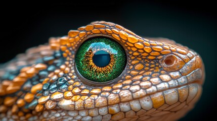 Fototapeta premium Close up Reptile Eye Green Amber Scales Lizard Texture Macro Photography
