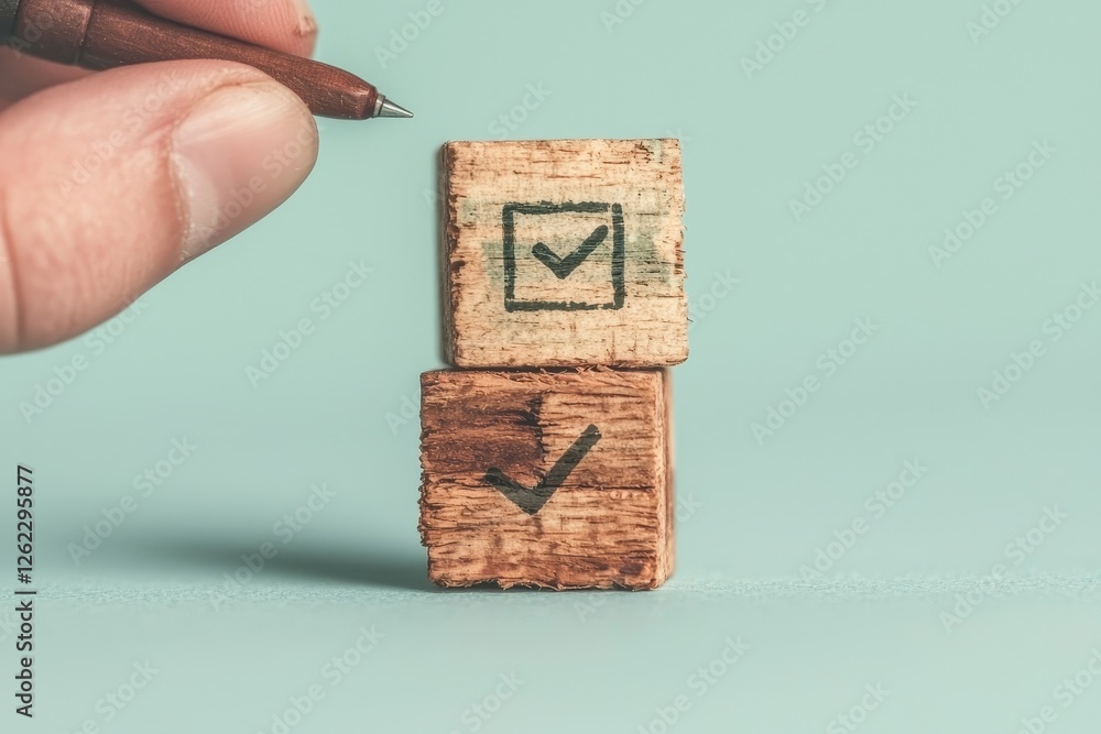 Poster hand arranging documents, capturing print screens on wooden cube blocks for preparation and approval