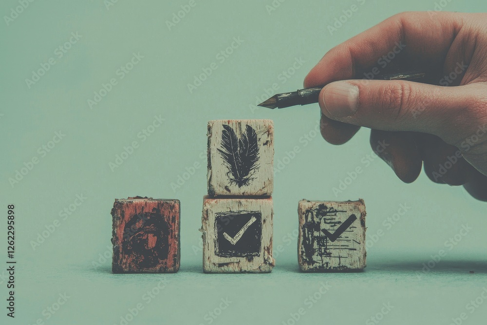 Poster arranging documents by hand and taking print screens on wooden cube blocks to prepare for review and