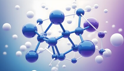 Futuristic 3D Molecular Structure with Blue and Purple Spheres Representing Atoms Connected by Bonds in a Scientific Visualization.