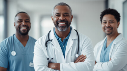 Fototapeta premium Group of Diverse Medical Professionals Smiling Confidently in a Healthcare Setting
