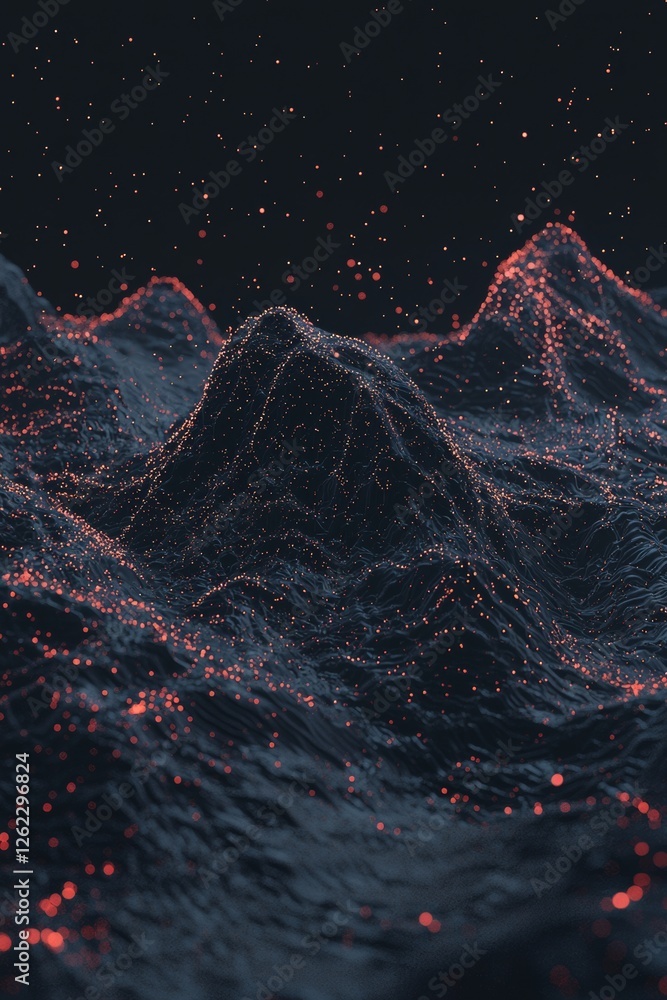 Poster a dark environment showcases an abstract fabric with a visual representation of glowing particles