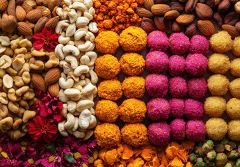 Fototapeta premium Colorful Display of Assorted Sweets and Nuts Arranged with Care for a Festive Celebration or Cultural Event Featuring Vibrant Textures and Rich Flavors