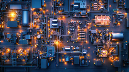 Aerial view of advanced industrial facility with illuminated machinery and equipment, showcasing modern manufacturing processes