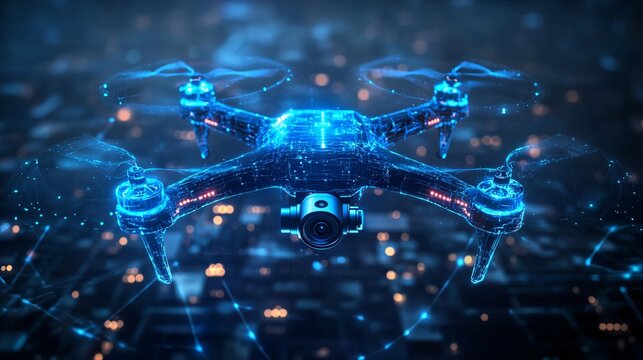 Smart blue holographic drone with camera, visualizing AI-driven disaster response coordination and advanced aerial monitoring capabilities.