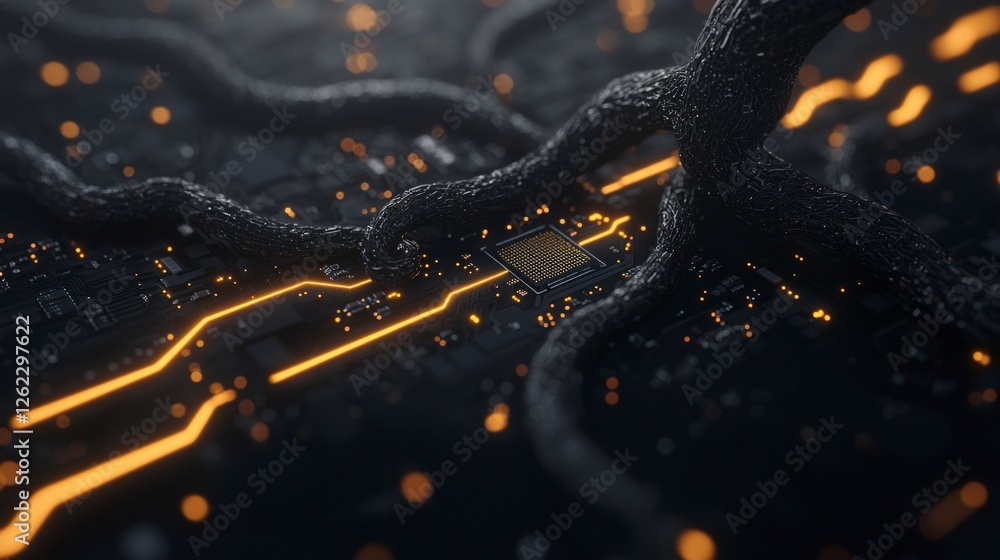 Poster futuristic circuit board dark tech abstract network glowing pathways microchip digita