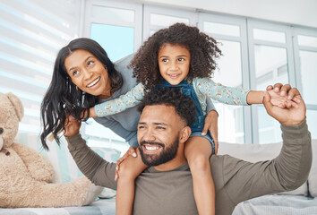 Home, mother and father with girl on shoulder, playful and bonding together as family on weekend....