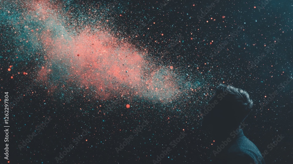 Poster representation of dynamic particles using colorful dots and lines