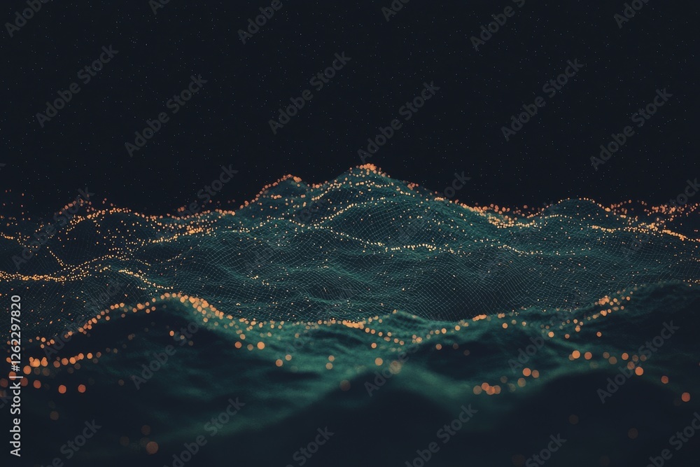 Poster digital mesh overlay on an abstract representation of flowing waves