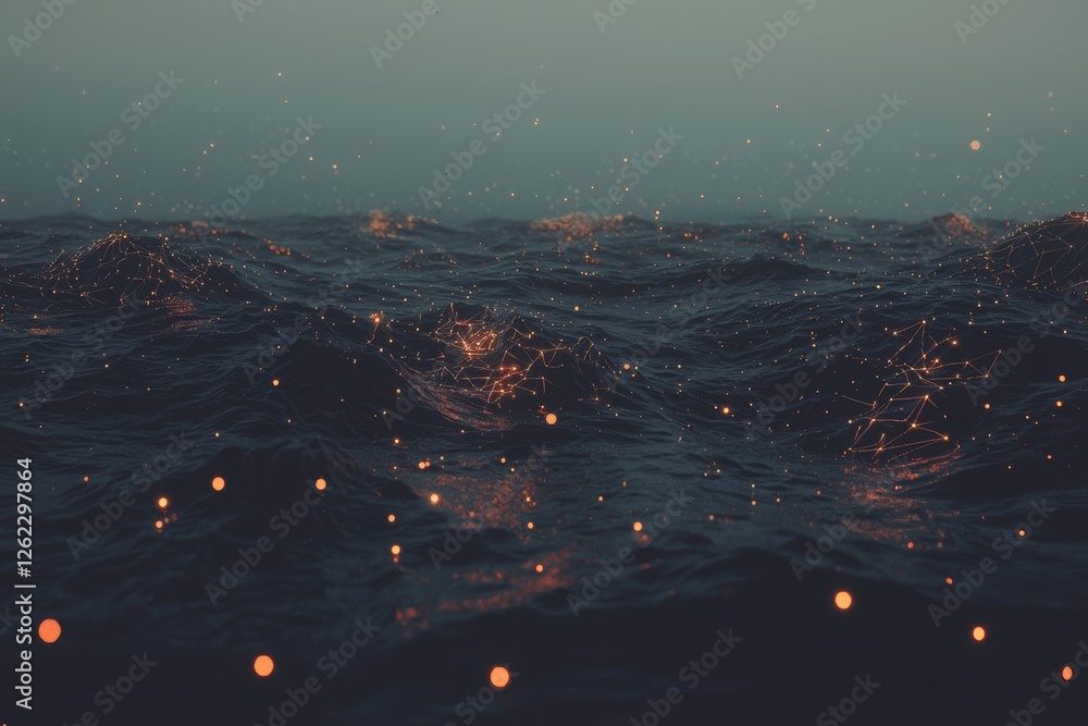 Poster a digital mesh is overlaid on an abstract representation of waves that are flowing