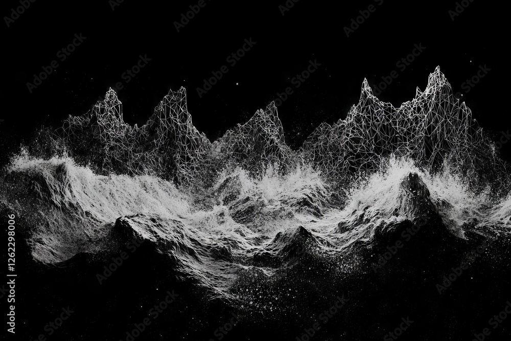 Poster a white mesh material on a black background is used to create an abstract representation of flowing 